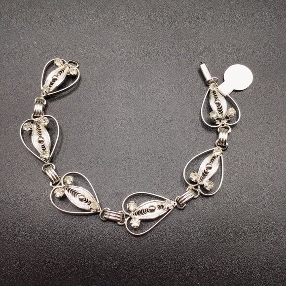 Vtg Filigree Bracelet Sterling Silver Heart Shaped Scrolls Link and Rhinestones - Picture 2 of 5